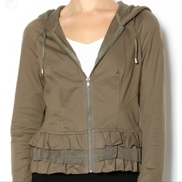 MUR MUR Anthropologie Ruffle Hoodie Sweatshirt Jacket Army Green/Brown Size S